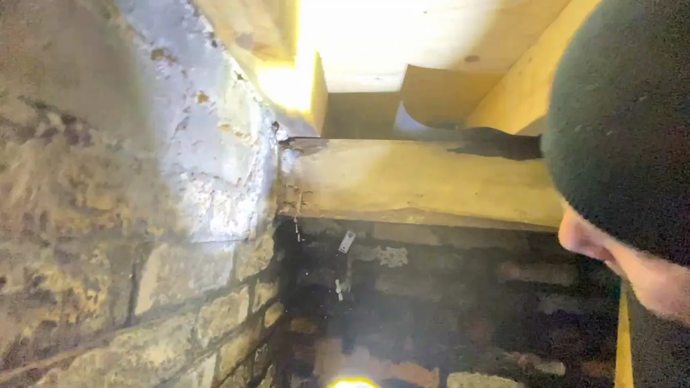Torchlight on floor joists in a cellar, showing water damage and rot where a leak has been running.