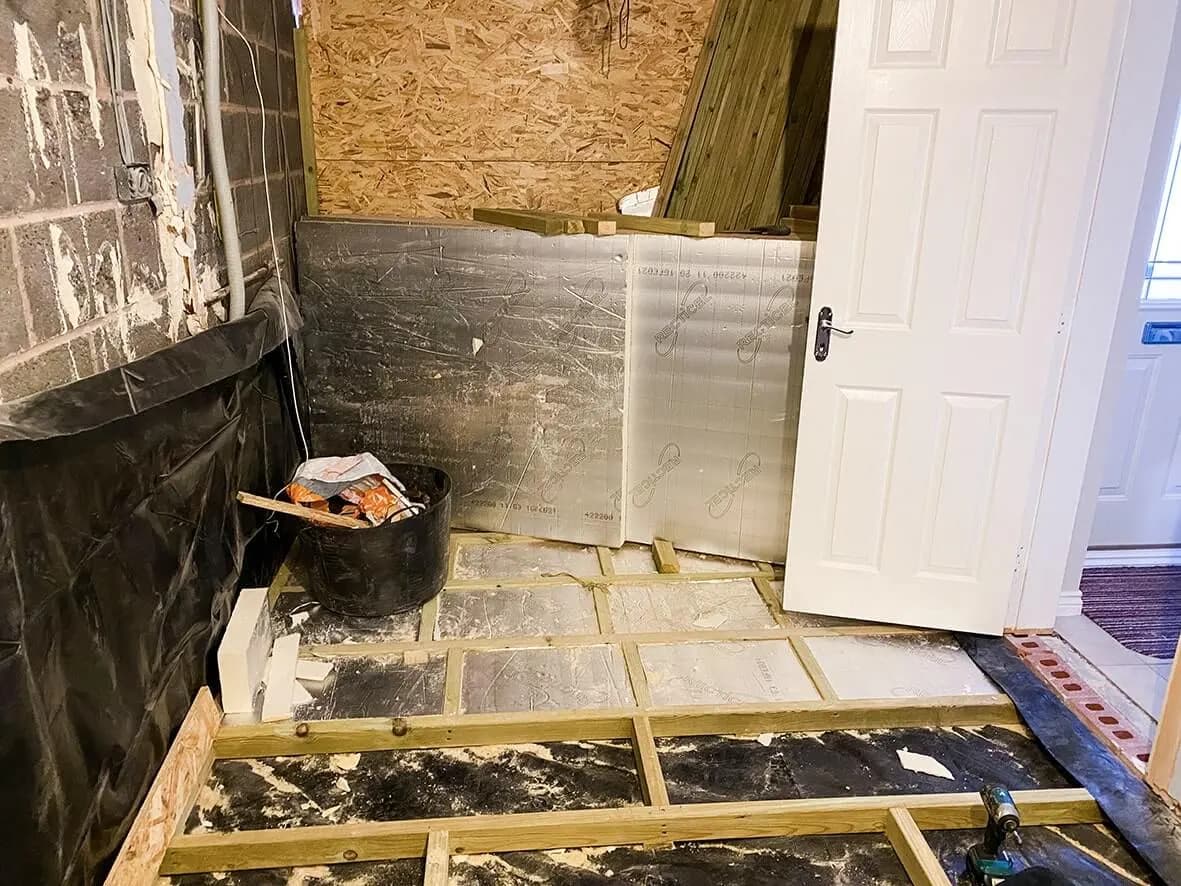 Mid-build · fire door between garage + house