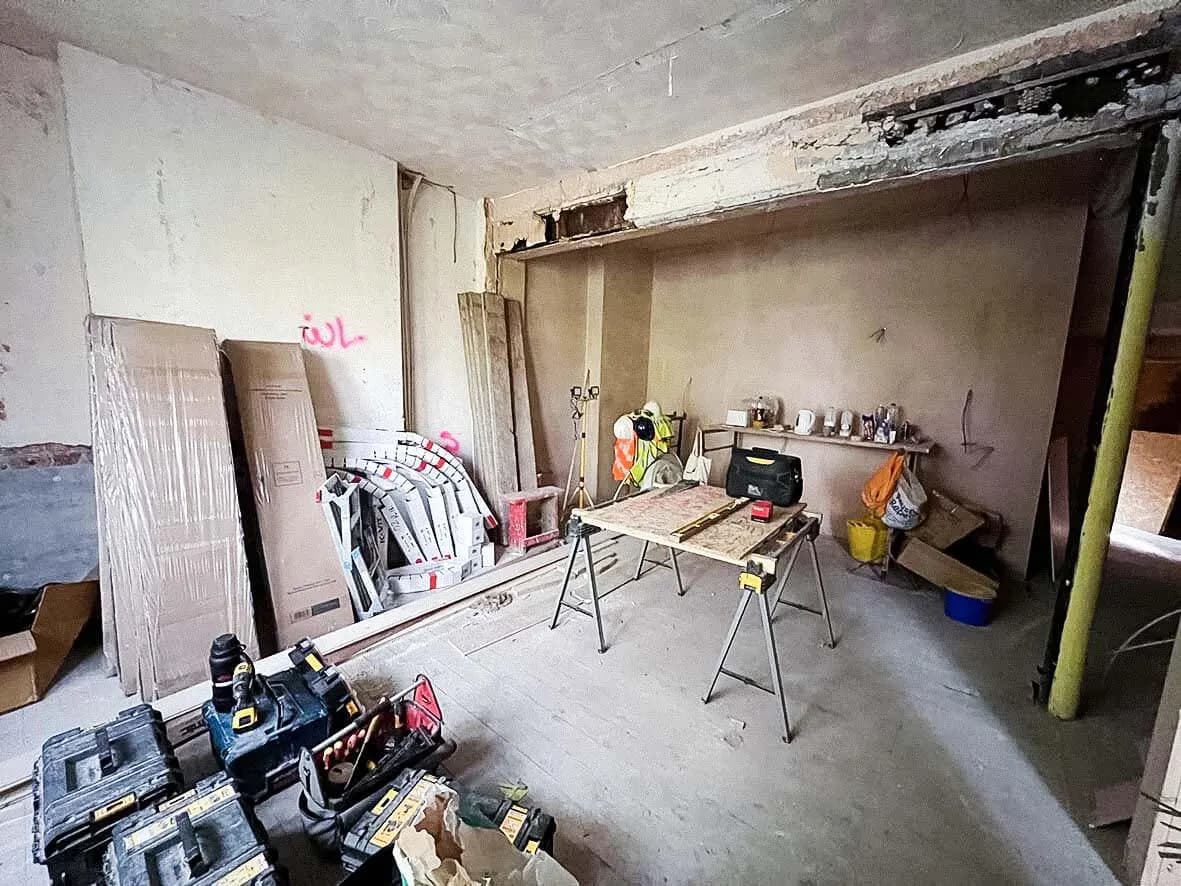 Mid-build · plasterboards going up