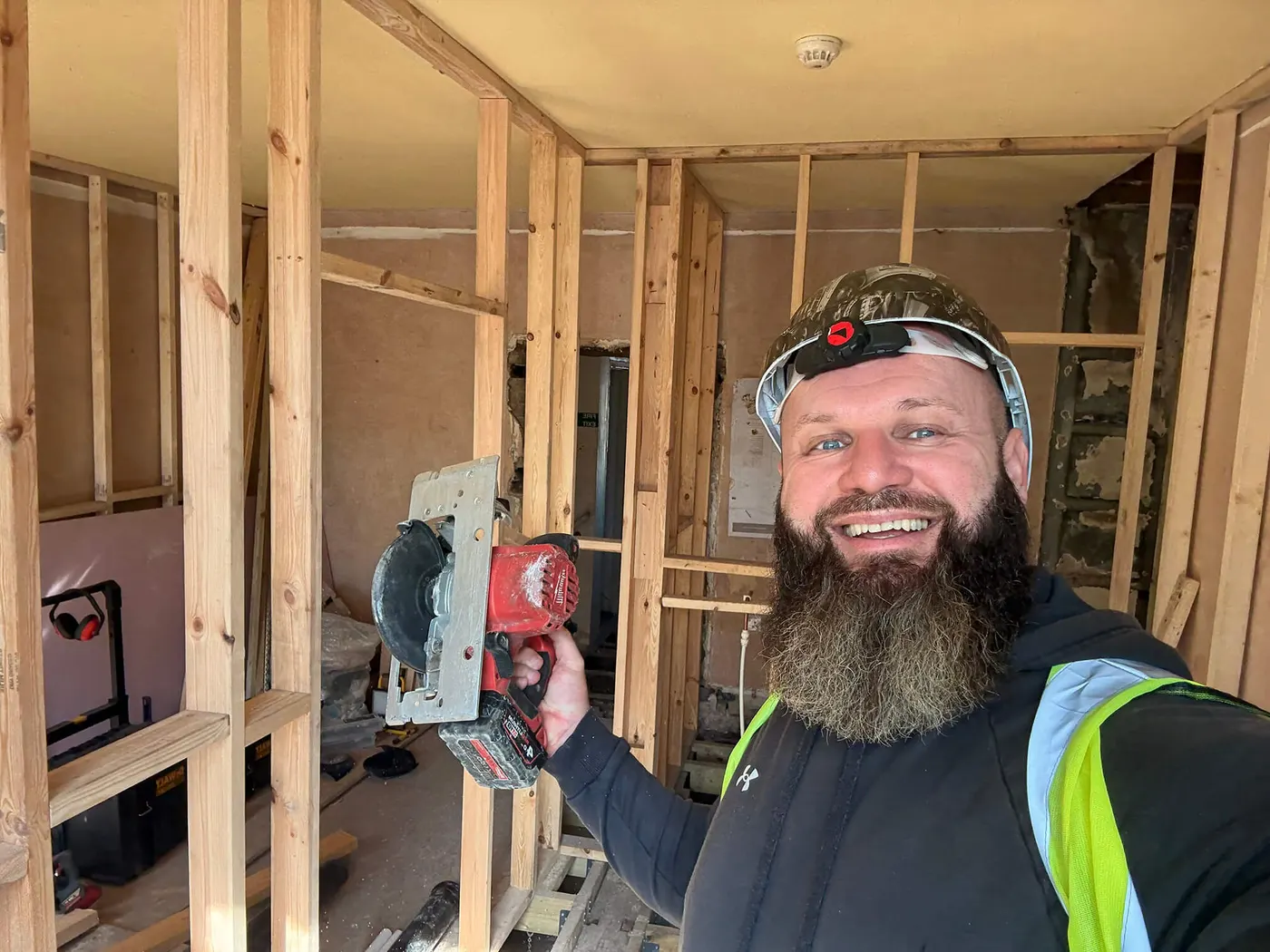 Mid-build · door openings framed