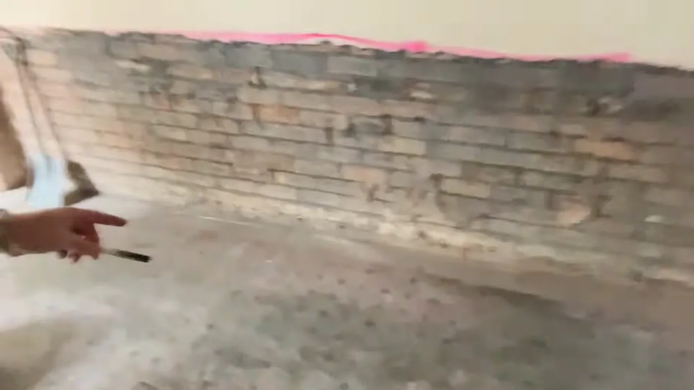 An internal wall stripped back to bare brickwork with a spray line marking the height the plaster was removed to.